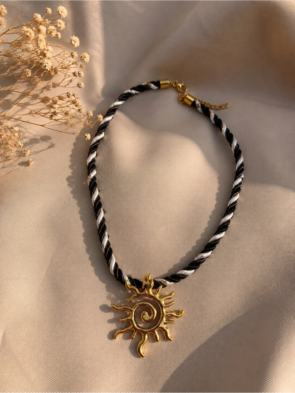 Gold Sun Pendant Necklace on Black & White Rope - Women Jewelry